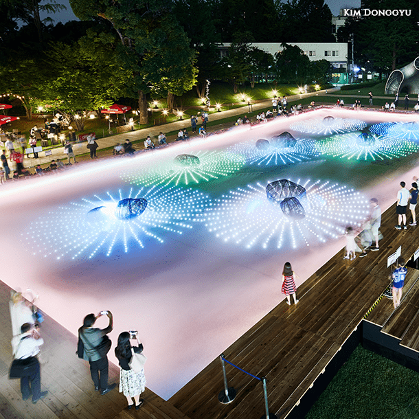 光と霧のデジタルアート庭園　花火演出