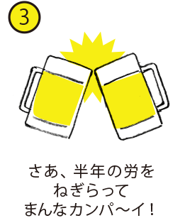 さあ、半年の労をねぎらってまんなカンパ～イ！