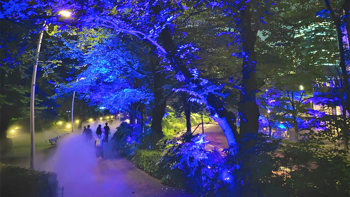 光と霧の散歩道 涼しげな光と霧が漂う 夏の散歩道 イベント 東京ミッドタウン