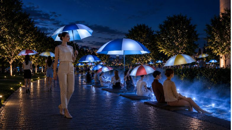 夜はパラソルがライトアップ